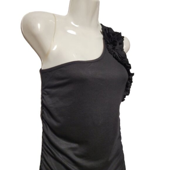 ONE Shoulder Body Con Black Dress Mini Ruched Ruffle  Size L - Picture 2 of 10